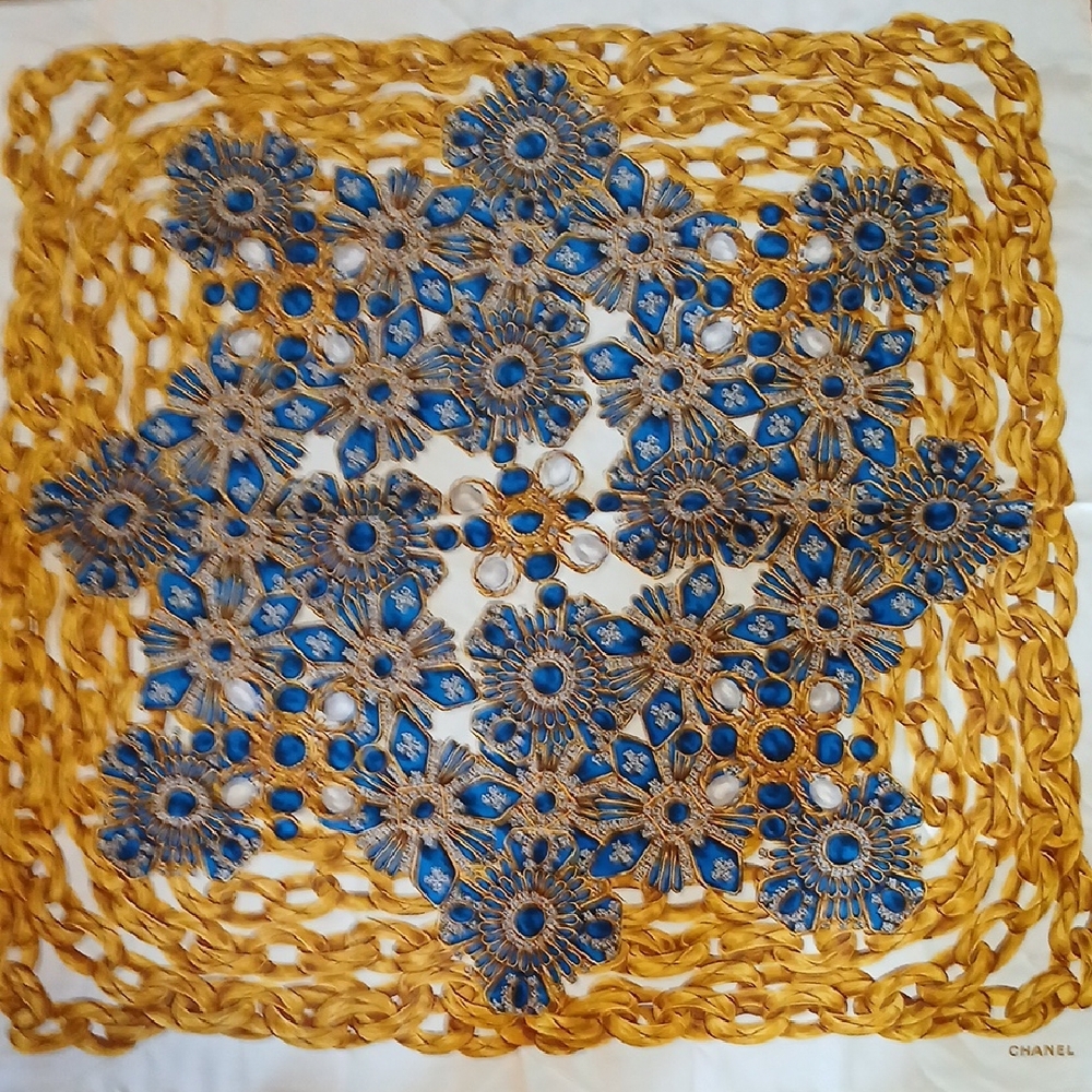 CHANEL Blue and Gold Floral Crochet Silk Scarf
